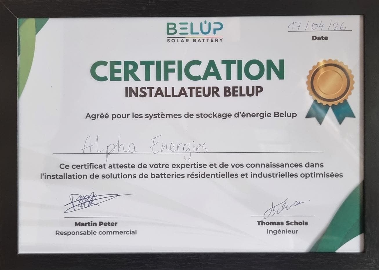 Certificat « Installateur Belup » délivré à Alpha Énergies, agréé pour les systèmes de stockage d'énergie Belup