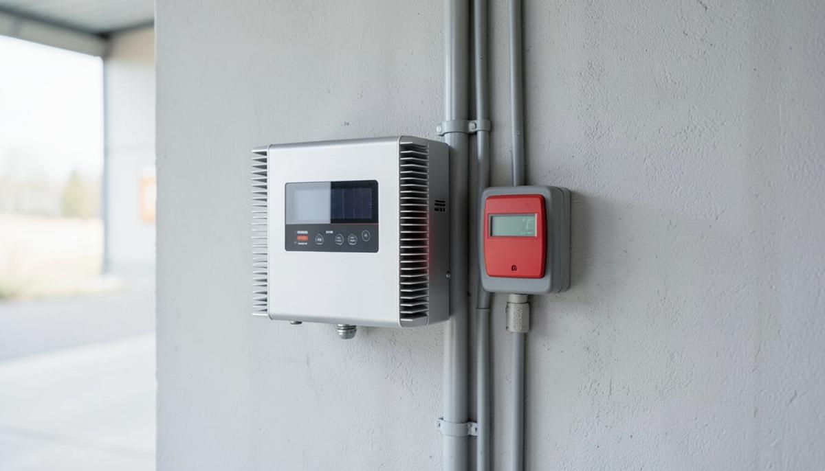 Onduleur photovoltaïque fixé au mur d'un garage